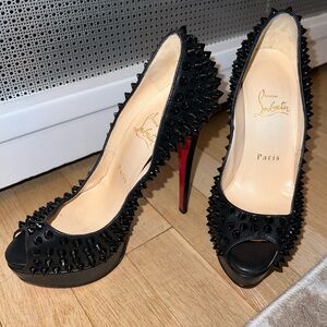 Christian Louboutin Black Leather Lady Peep Spike Peep Toe Platform Pumps